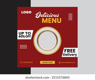 Social media post design food restaurant or web banner design template for food businesses. Vector illustration with plate. Healthy burger and pizza online sale promotion flyer or poster.