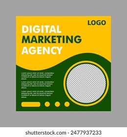 social media post design in green and yellow for product promotion, a company.