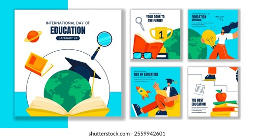 Social Media Post Design for International Education Day in Flat Cartoon Style