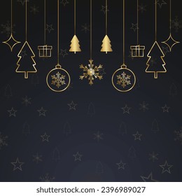 social media post design Merry Christmas black background with tree and golden balls