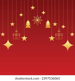 social media post design for Merry Christmas background with golden stars and gift box and golden balls with tree