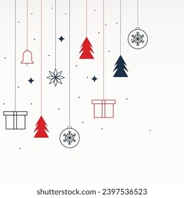 social media post design for Merry Christmas background with stars and snow with tree and gift box with balls and bell