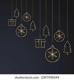 social media post design Merry Christmas black background with tree and golden balls
