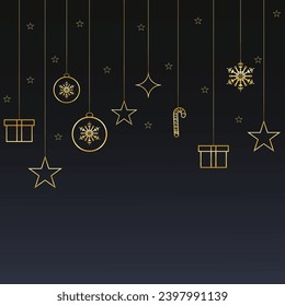 social media post design for Merry Christmas with golden stars and golden gift box and balls