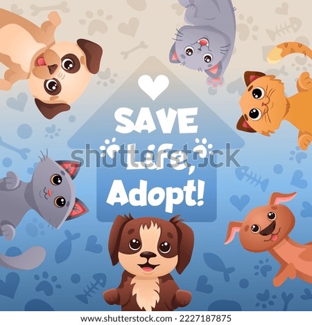 Social media post design with pet adoption promotion. Save life, adopt  banner with cute dogs, cats, paw print patterns. Vector cartoon square template for flyer design, web page, posters.