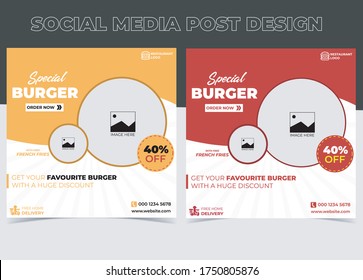 Social Media Post Design Set For Burger Restaurant, Red and yellow Social Media Post Template