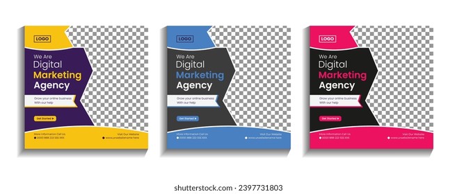 Social media post design set in Digital marketing agency business ads. to Editable minimal square web banner template design.