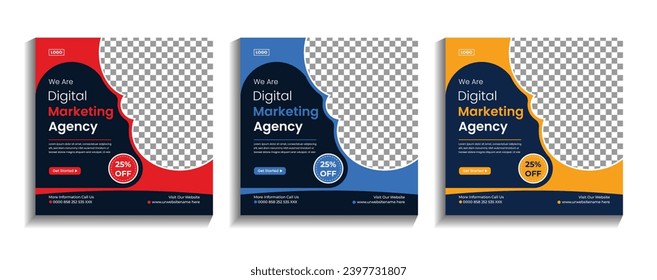 Social media post design set in Digital marketing agency business ads. to Editable minimal square web banner template design.