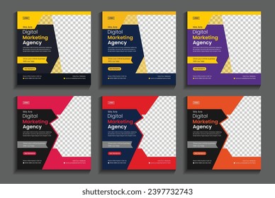 Social media post design set in Digital marketing agency business ads. to editable minimal square web banner template with a yellow, red, and pink background.