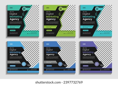 Diseño de publicaciones en medios sociales en anuncios de negocios de agencia de marketing digital. a la plantilla de banner web cuadrada mínima editable con fondo verde y azul.