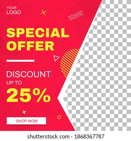 Social media post design template for a special offer. Editable banner for digital marketing. Geometric style banner template. Square Stories. Stock vector illustration.