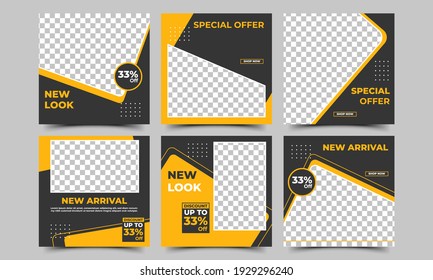 Social media post design template set for fashion sale. Yellow and black color background with a photo collage. Suitable for social media, flyers, banners, and web internet ads. Vector isolated