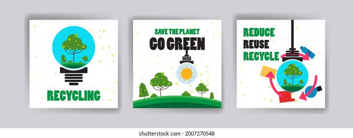 Social media post design template with character illustrations for nature, green technology, renewable energy, sustainable development and environment.