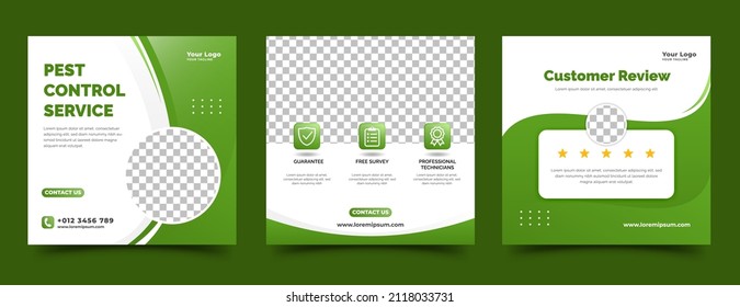 Social media post design template for pest control service promotion. White background with abstract green shape and place for the photo.