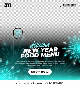Social media post design template for new year food. Editable for restaurant menu promotion.