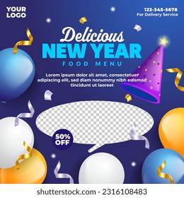 Social media post design template for new year food. Editable for restaurant menu promotion.