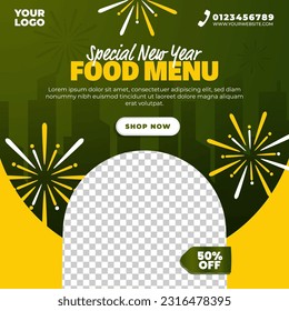 Social media post design template for new year food. Editable for restaurant menu promotion.