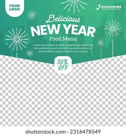 Social media post design template for new year food. Editable for restaurant menu promotion.