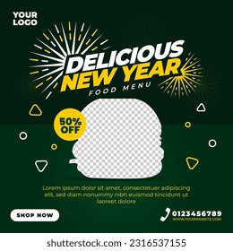 Plantilla de diseño de publicaciones en medios sociales para la comida de año nuevo. Se puede editar para la promoción del menú del restaurante.