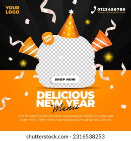 Social media post design template for new year food. Editable for restaurant menu promotion.