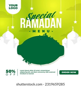 Social media post design template for ramadan. Editable for restaurant food menu promotion.