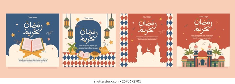 Social Media Post Design Template Ramadan Kareem.  Ramadan Kareem Flat Design Hand Drawn Illustration in Vibrant Color.