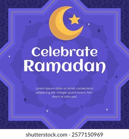 Social Media Post Design Template Ramadan Kareem with Crescent Moon. Flat Design Hand Drawn Background Illustration in Vibrant Purple Color.