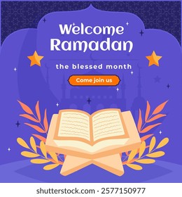 Social Media Post Design Template Ramadan Kareem with Al Quran Holy Book. Flat Design Hand Drawn Background Illustration in Vibrant Purple Color.