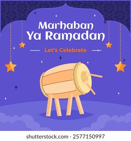 Social Media Post Design Template Ramadan Kareem with Islamic Drum and Hanging Stars. Flat Design Hand Drawn Background Illustration in Vibrant Purple Color.