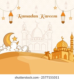 Social Media Post Design Template Ramadan Kareem with Landscape of Mosque in Desert. Flat Design Hand Drawn Illustration in Vibrant Color.