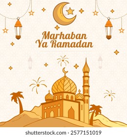 Social Media Post Design Template Ramadan Kareem with Mosque in Desert. Flat Design Hand Drawn Illustration in Vibrant Color.