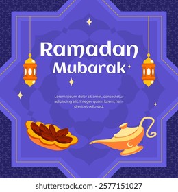 Social Media Post Design Template Ramadan Kareem with Date Fruit and Magic Lamp. Flat Design Hand Drawn Background Illustration in Vibrant Purple Color.