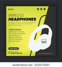 Social media post designs for music earphones that say wireless headphones are on sale 