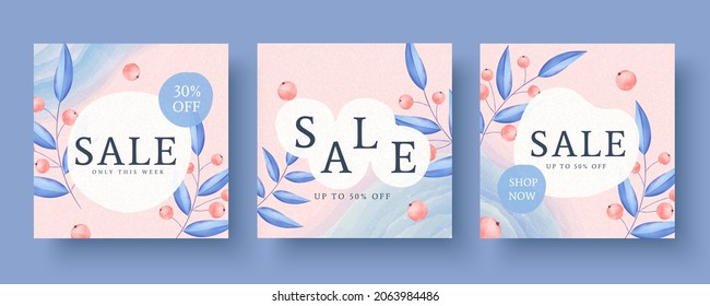 Social Media Post Or Feed Background Templates. Elegant Romantic Watercolor Design With Floral Patterns. Suitable For Spring Sale, Wedding Invitation, Fashion And Cosmetics Promo