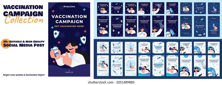 Social Media Post Flat Design Vaccination Campaign Concept Design Set Of Poster Banner, Stories Post Mega Pack Bundle With Syringe Doctor And Vaccine