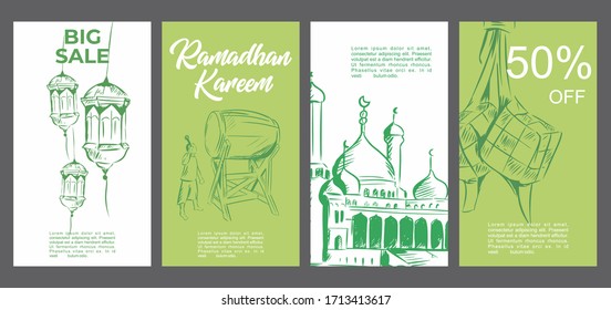 Social media post in flat sketch illustration for celebrate ramadan kareem. Islamic greeting card design for celebrate ramadan