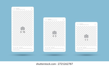 Social Media Post Frame Mockup Set – 9:16, 4:5 and 1:1 Aspect Ratio Templates with Realistic Shadow, Story, Feed, Square and Rectangle Post Layout Vector Illustration
