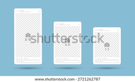 Social Media Post Frame Mockup Set – 9:16, 4:5 and 1:1 Aspect Ratio Templates with Realistic Shadow, Story, Feed, Square and Rectangle Post Layout Vector Illustration