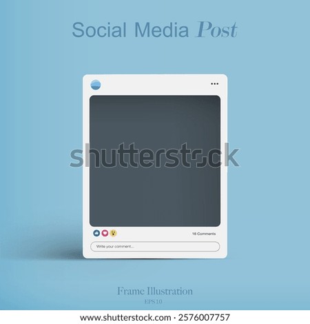 Social media post frame, square shape on blue background with realistic shadow, mockup template.