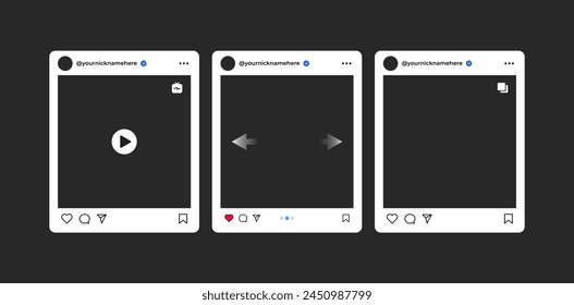 Social media post frames. Trendy mockup template design. Vector posts in light mode and different user interface.