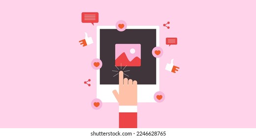 Social media post getting likes, share and love, Social media viral content, Hand click on social media post - flat design vector background with icons