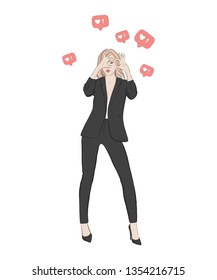 Social media post. Girl like time Vector sketch illustration. Hand drawn woman model figure making love sign