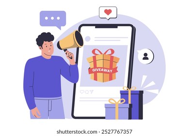 Ilustración de concepto de sorteo de publicaciones de redes sociales. Ilustración para Sitio web, landing page, App móvil, póster y Anuncio. Ilustración vectorial plana de moda