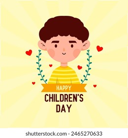 Social media post greeting card for Children's Day event, with yellow background and cartoon boy character	