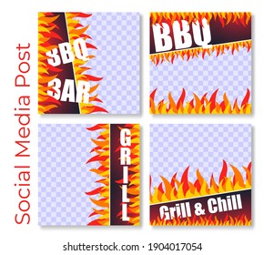Social media post grill, set vector illustrations. Collection marketing business message. Advertising layout for grill bar.