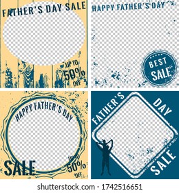 Social media post for Happy Fathers Day. Template design for sale, promotion, special offer and discount. Advertising banner with a grunge and wooden frame. Vector concept with space for adding photo.