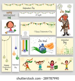Social media post, header or banner set with kids, soldier and other elements for Indian Independence Day celebration. 