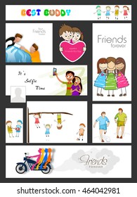 Social Media Post, Header or Banner set with cute cartoon characters for Happy Friendship Day celebration.