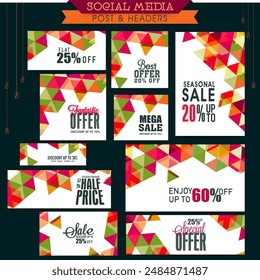 Social Media Post and Header Set with Colorful Geometric Pattern for Fantastic Offer and Mega Sale.