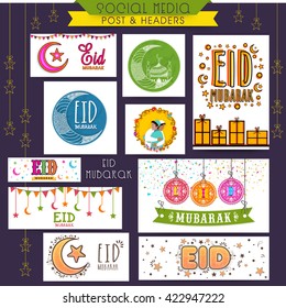 Social Media Post and Header set with various islamic elements for Muslim Community Festival, Eid Mubarak celebration.